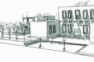 Perspective sketch of the gallery buildings and garden.