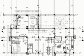 Ground floor plan of the residence with structural grid and dimensions.