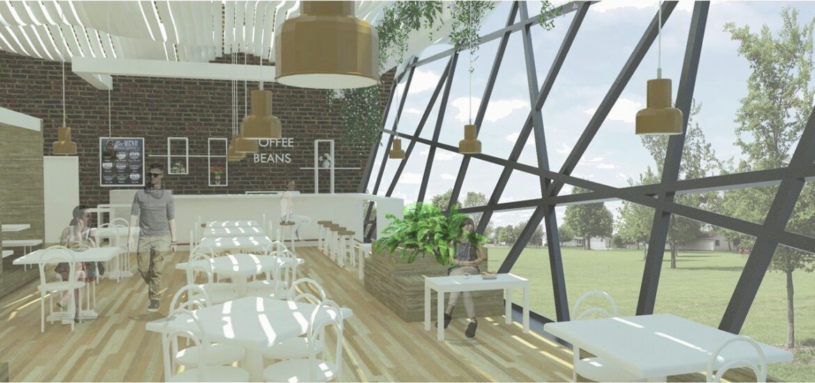 Render of the café interior: white tables on a light wood floor, pendant lamps, hanging plants and a diagonal glazed façade with views to the park.