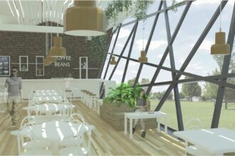 Render of the café interior: white tables on a light wood floor, pendant lamps, hanging plants and a diagonal glazed façade with views to the park.