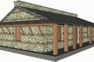 3D view of the stone house with a timber verandah and pitched roof.