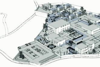 Aerial perspective drawing of the retreat on a hillside, with clusters of buildings, gardens and terraced landscape.