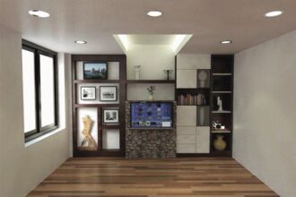 Living room render: built-in display cabinet with lit niches and a television, on a wooden floor.