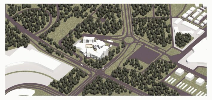 Aerial render of the IT park: dark faceted buildings in a wooded block between highways.