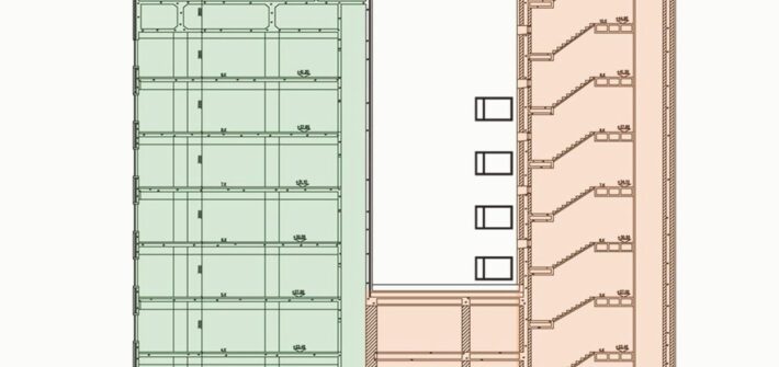 Section through the town hall tower, coloured by construction period.