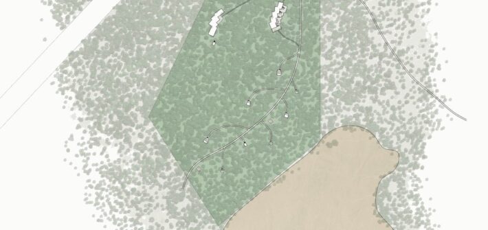 Site plan: forest with a clearing, a pond and the trail.