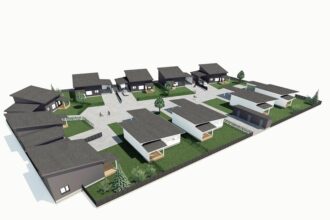 Aerial render of a group housing scheme: rows of dark-roofed houses around green yards.