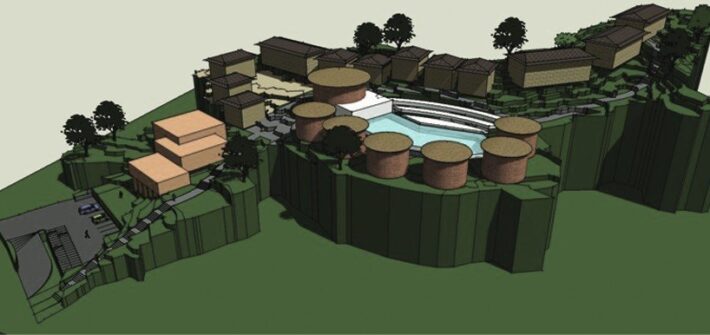 3D massing of the resort: clusters of rooms with orange roofs around a central pool on a green hillside.