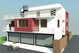 3D view of the house: white and red façade with balconies, a rooftop terrace and shops on the ground floor.