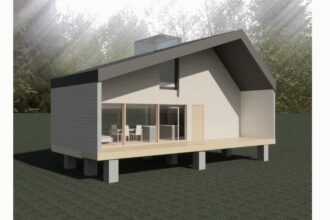 Render of a gabled cabin raised on posts, with a glazed gable and balcony, in a misty forest.