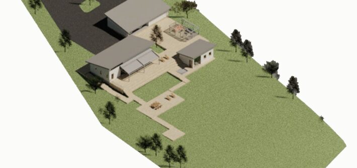 Site plan axonometric: the L-shaped house with dark roofs, courtyard, deck and sauna on a green plot sloping down to the river.