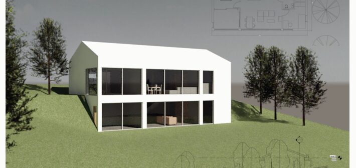 Render of the white two-storey gabled house with a fully glazed lower floor, on a grassy slope among pine trees.