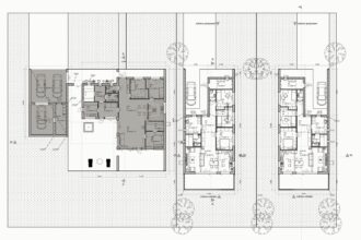 Site plan of the three adjacent plots with the floor plan of each house.