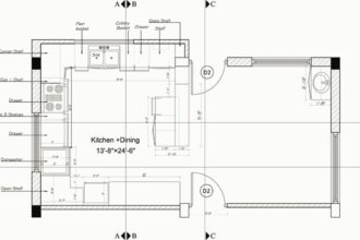 Kitchen and dining layout plan with dimensions.