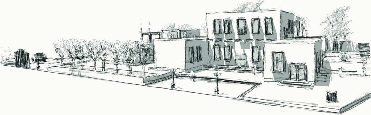 Perspective sketch of the gallery buildings and garden.