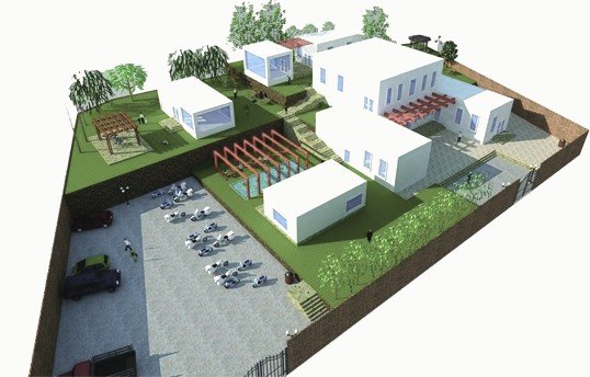 3D aerial view: white gallery blocks around courtyards, with a café and pergolas.
