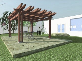 Render: timber pergola over a stone terrace beside the white gallery.