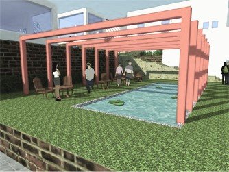 Render: red pergola frame beside the pond and lawn.