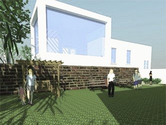 Render: white gallery block with large blue glazing above a stone wall.