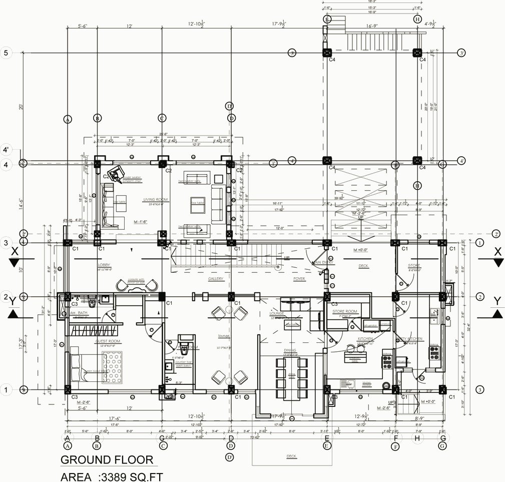 Ground floor plan of the residence with structural grid and dimensions.