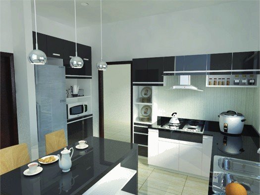 Kitchen render with black worktops and white and dark cabinets.