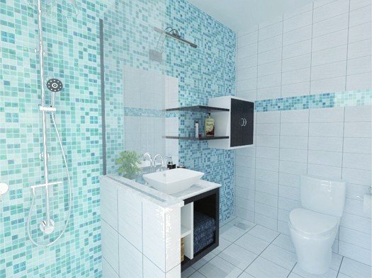 Bathroom render with blue mosaic tiling and floating vanity.