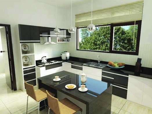 Kitchen render with dining table by a large window.