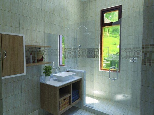 Bathroom render with grey tiles, wooden vanity and window.