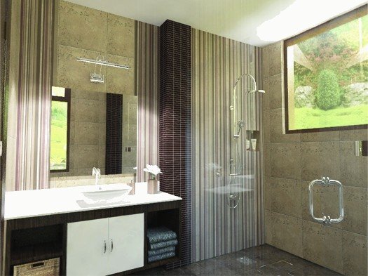 Bathroom render with warm stone tiles and glass shower.