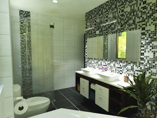 Bathroom render with black and white mosaic feature wall and double basin.