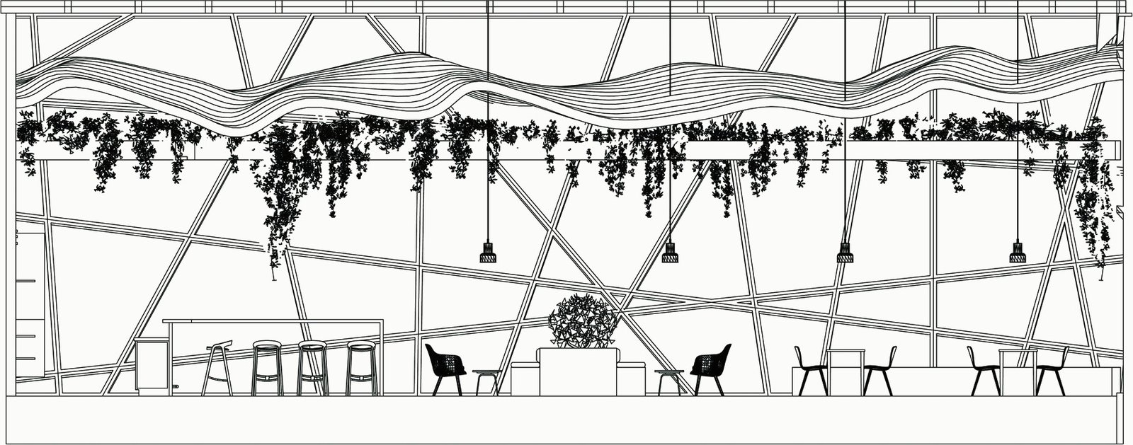 Section along the glazed façade, showing the lattice mullions, wavy ceiling, cascading plants and pendant lights over the tables.