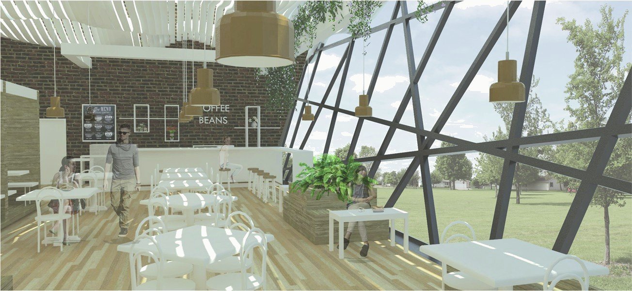 Render of the café interior: white tables on a light wood floor, pendant lamps, hanging plants and a diagonal glazed façade with views to the park.