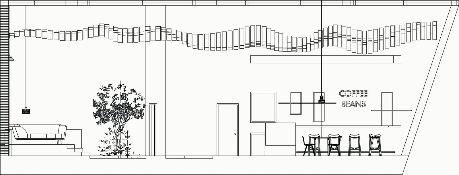 Interior section through the lounge and coffee bar, showing the wavy slatted ceiling, sofa, tree, counter and the Coffee Beans feature wall.