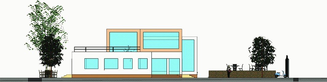 South elevation with trees.