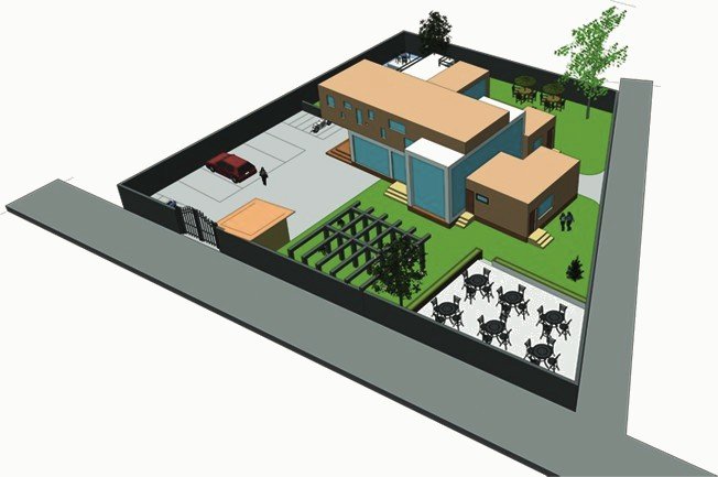 3D aerial view: café building with gardens, outdoor reading areas and parking.