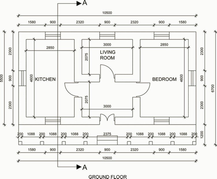 Ground floor plan with kitchen, living room and bedroom, showing wall reinforcement.