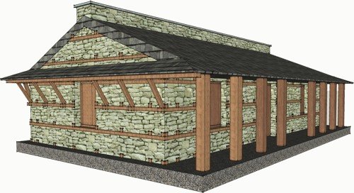 3D view of the stone house with a timber verandah and pitched roof.