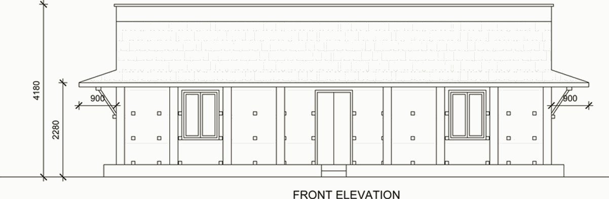 Front elevation of the house with verandah posts.