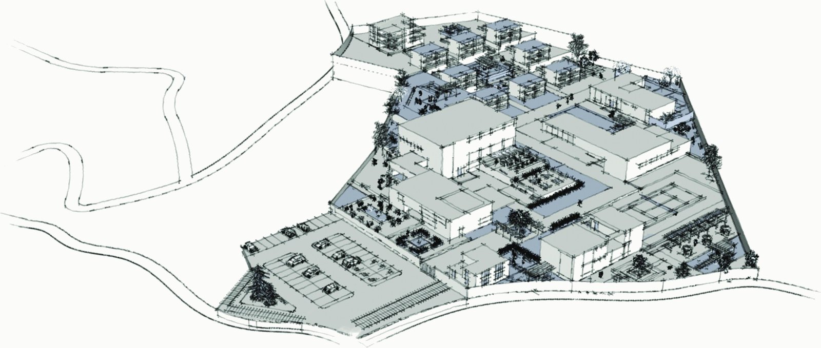 Aerial perspective drawing of the retreat on a hillside, with clusters of buildings, gardens and terraced landscape.