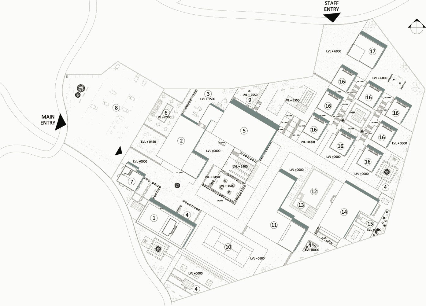Master plan of the retreat following the site contours, with buildings, gardens, pool and access roads.