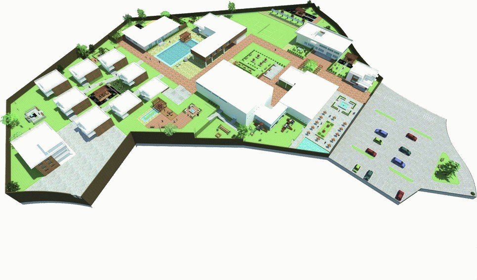 3D model of the master plan with green landscape, pool, courtyards and white buildings.