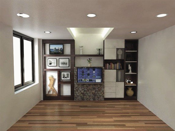Living room render: built-in display cabinet with lit niches and a television, on a wooden floor.