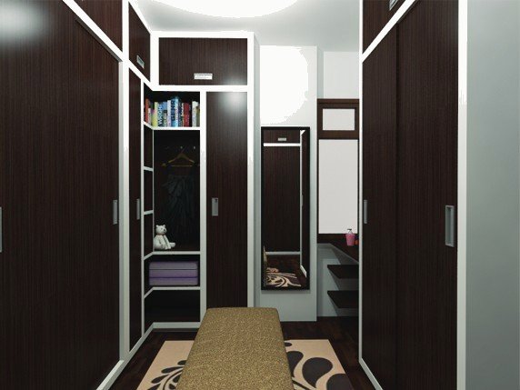 Walk-in closet render: dark wood wardrobes with open shelving and a full-height mirror.