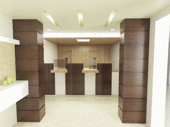 Render of dark wood cabinetry with lit glass display niches.