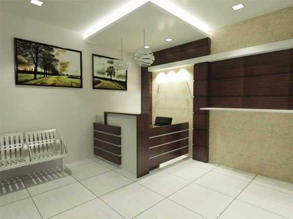 Reception-style render: dark wood counter, framed pictures and a lit ceiling cove.