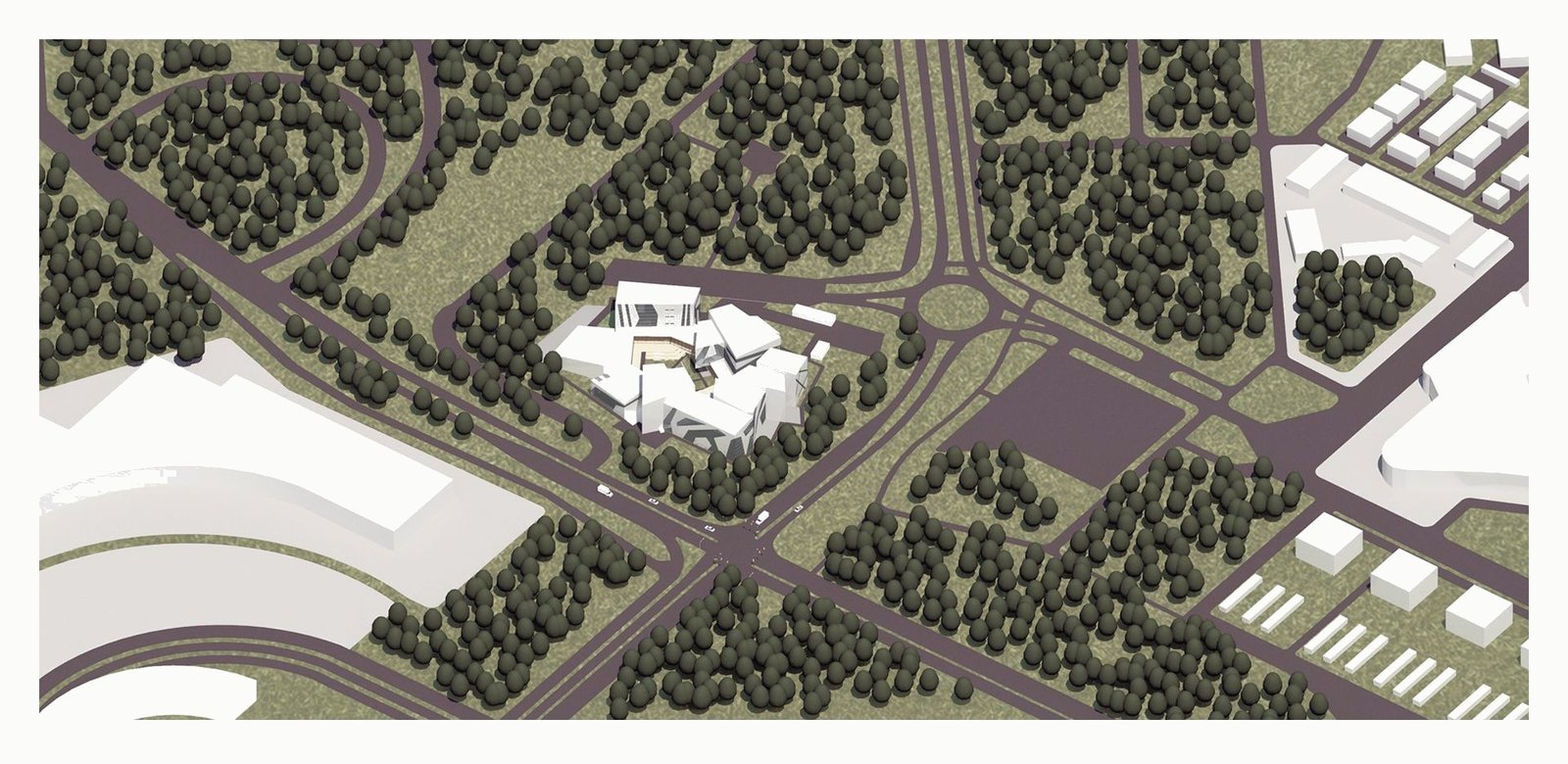 Aerial render of the IT park: dark faceted buildings in a wooded block between highways.