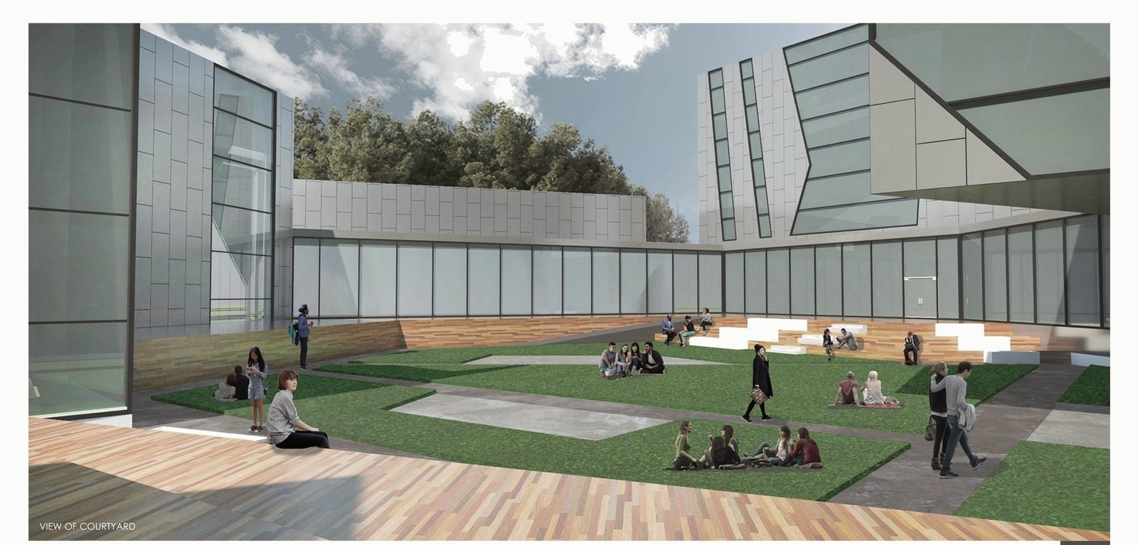 Render of the central courtyard: lawn and timber deck between glazed façades, with people on the grass.