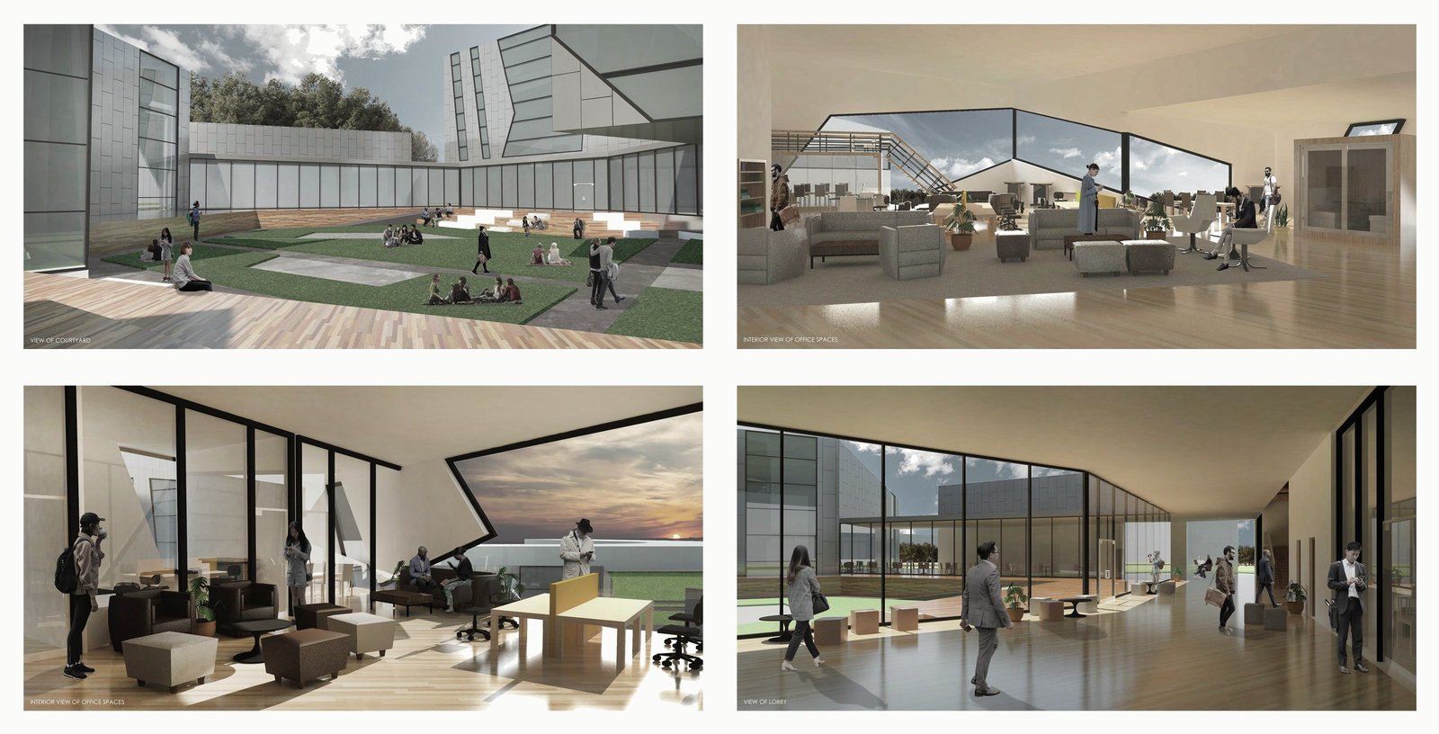 Four renders: the courtyard with lawn and glazing, a lounge with panoramic windows, a co-working area and a lobby with a view out.