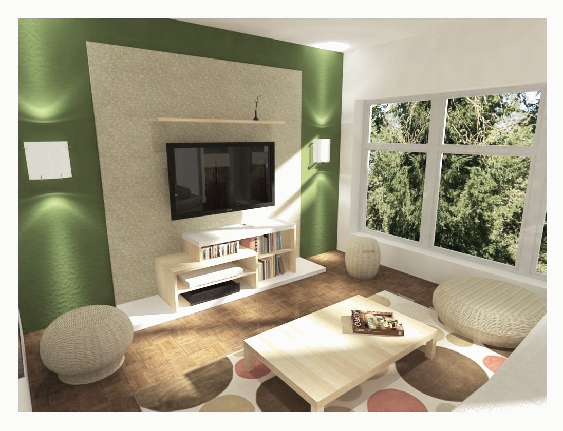 Living room with a green feature wall, wall-mounted TV and orange sofa.