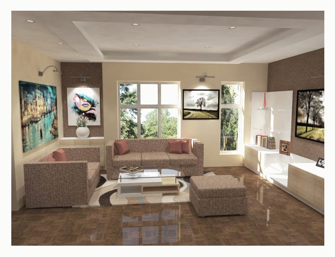 Living room with warm brown sofas and a large window.